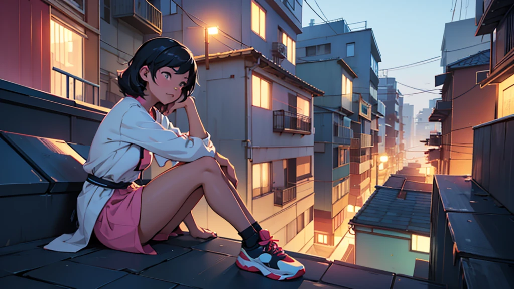 cartoon of a woman sitting on a rooftop with a city in the background, a digital painting inspired by Atey Ghailan, trending on polycount, digital art, lofi artstyle, lofi art, in style of atey ghailan, lofi girl aesthetic, lofi hip hop, lofi girl, chillhop, girl sitting on a rooftop  in night 