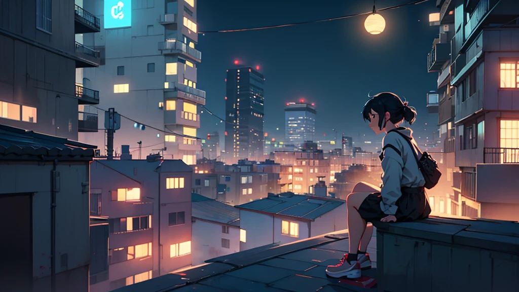 cartoon of a woman sitting on a rooftop with a city in the background, a digital painting inspired by Atey Ghailan, trending on polycount, digital art, lofi artstyle, lofi art, in style of atey ghailan, lofi girl aesthetic, lofi hip hop, lofi girl, chillhop, girl sitting on a rooftop in night