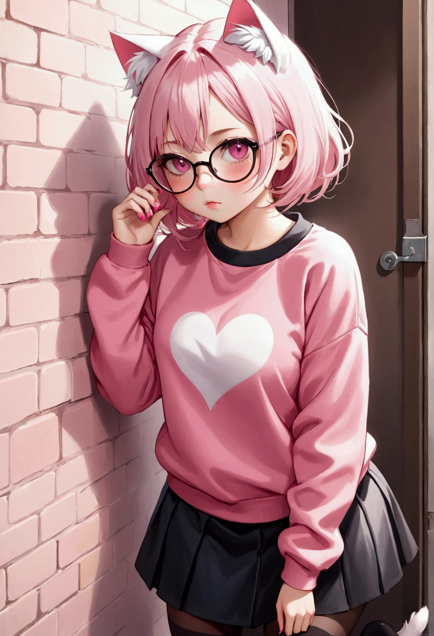 I have white pink hair, cat ears, A good, My face is super flushed, black glasses, pink heart eyes, a big pink sweatshirt, a black skirt, black stockings, White shoes, A cat'cola, A woman. very shy that is stuck to a wall with her butt