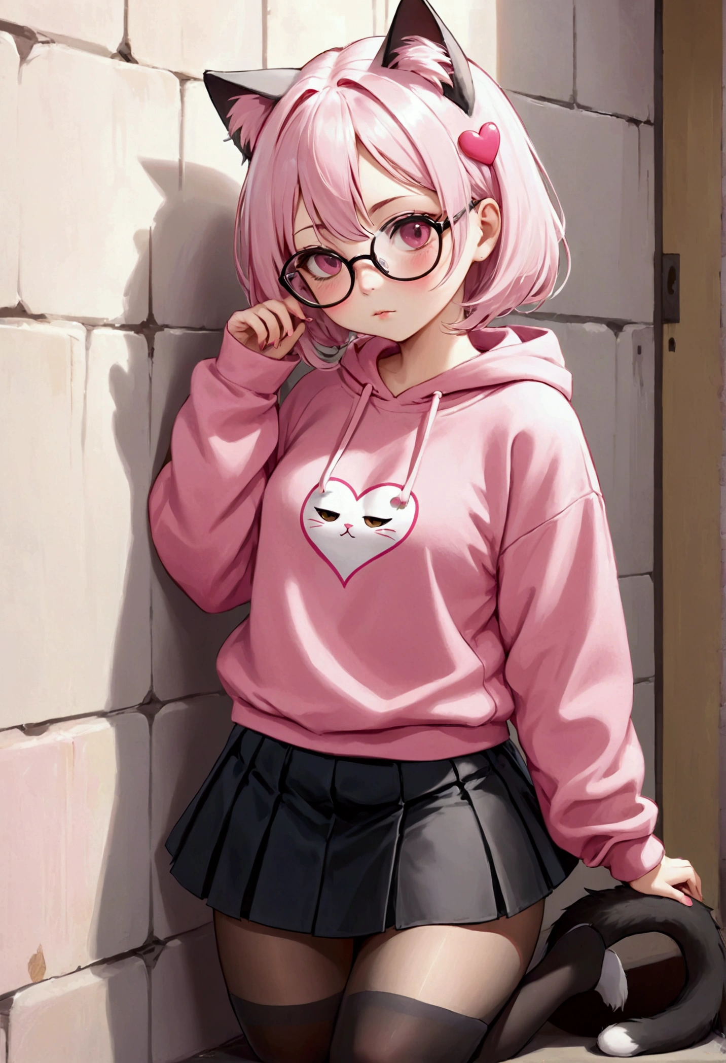 I have white pink hair, cat ears, A good, My face is super flushed, black glasses, pink heart eyes, a big pink sweatshirt, a black skirt, black stockings, White shoes, A cat&#39;cola, A woman. very shy that is stuck to a wall with her butt