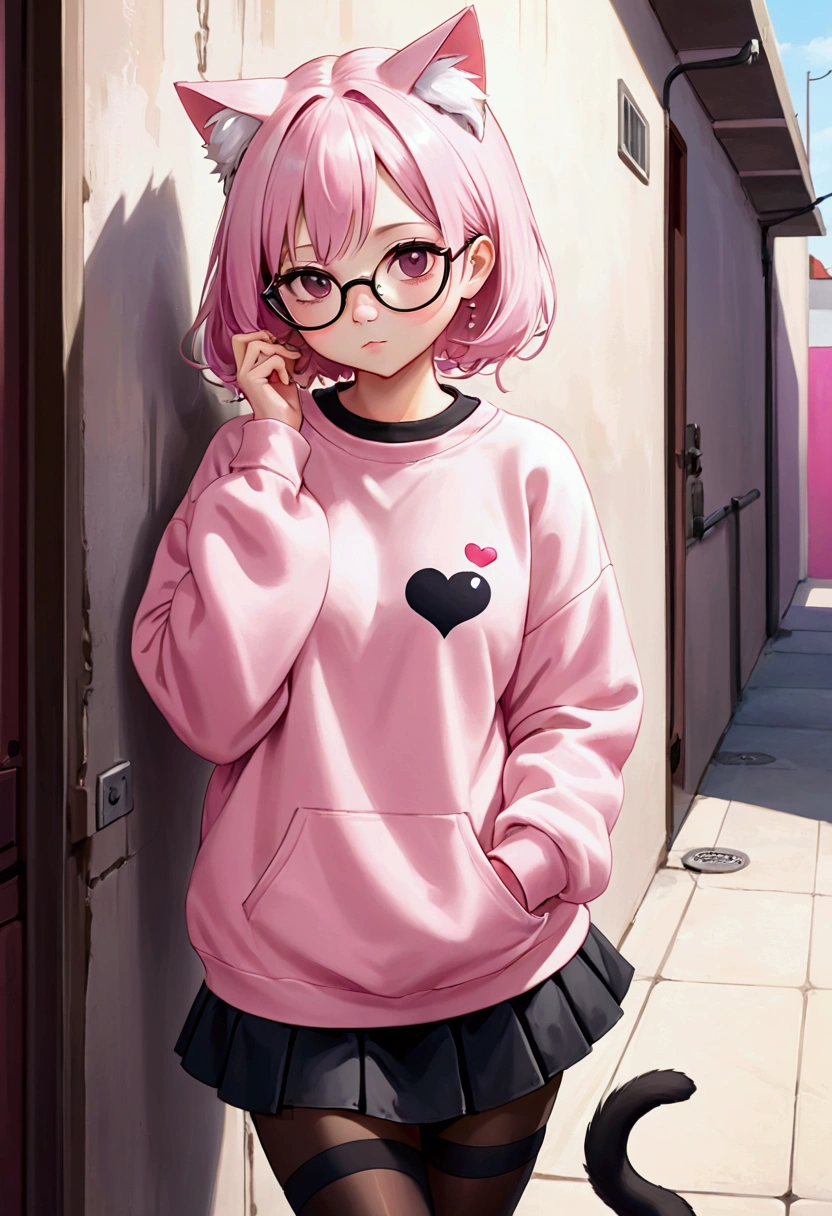 I have white pink hair, cat ears, A good, My face is super flushed, black glasses, pink heart eyes, a big pink sweatshirt, a black skirt, black stockings, White shoes, A cat'cola, A woman. very shy that is stuck to a wall with her butt