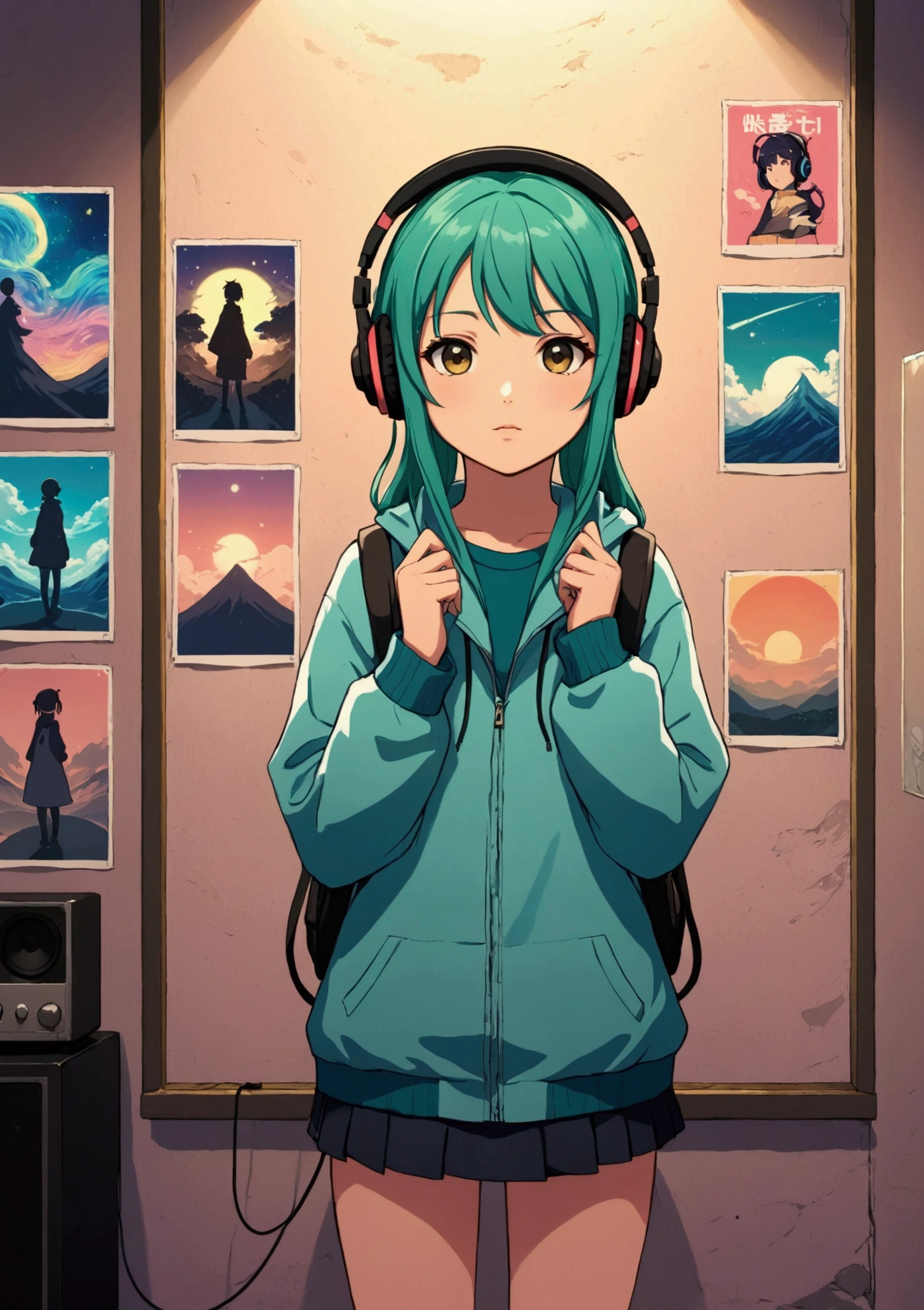 An anime character with headphones standing in front of a wall with 8 posters., lo-fi girl, Anime atmosphere, Lofi Artstyle, Anime Style 4k, Anime aesthetics, Nightcore, Lo-fi feel, Lofi Art, anime art wallpaper 4k, anime art wallpaper 4k, anime wallpaper 4k, anime wallpaper 4k, An atmosphere of praise, Kaisei and Artgelm,Facing forward