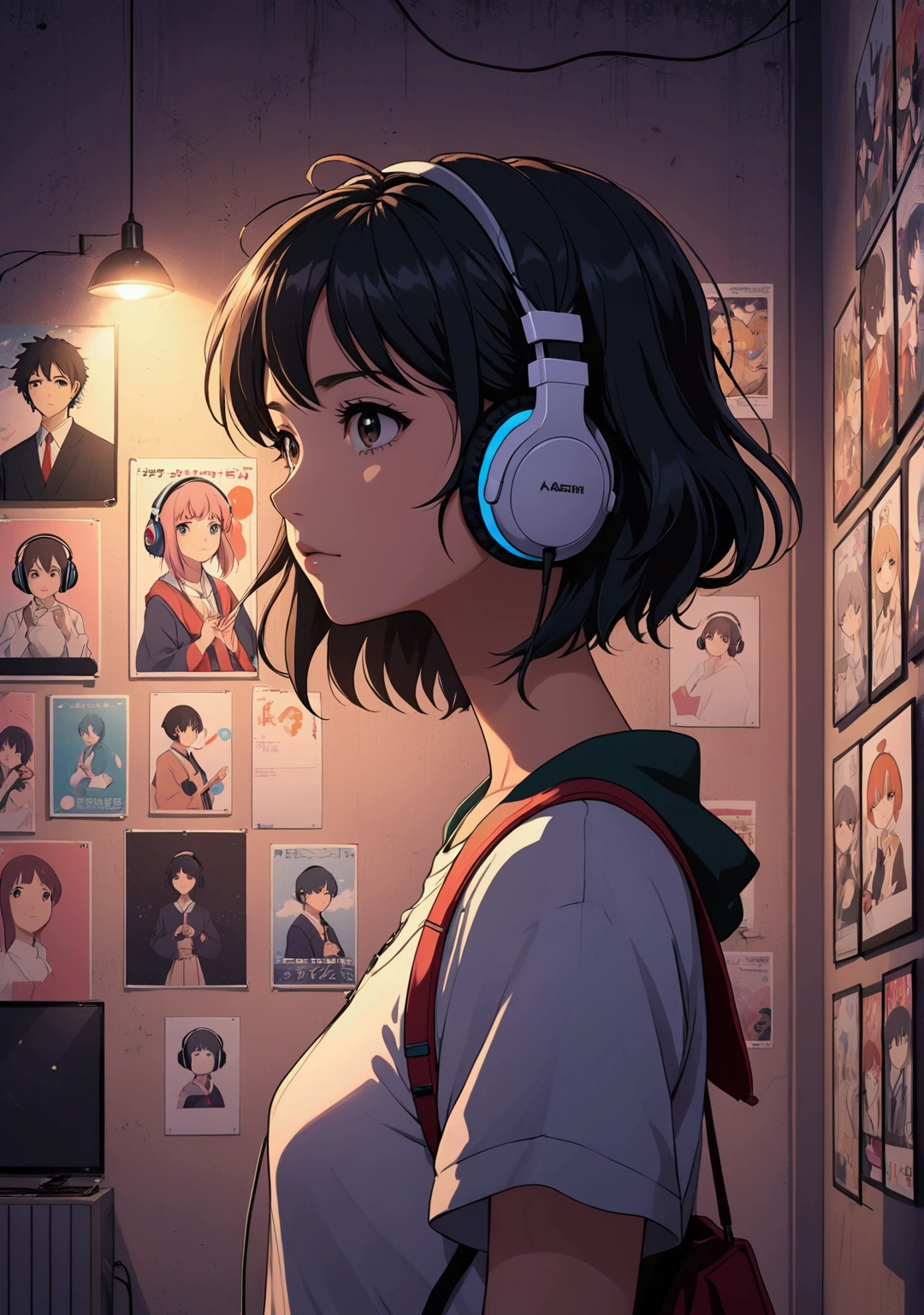 An anime character with headphones standing in front of a wall with 8 posters., lo-fi girl, Anime atmosphere, Lofi Artstyle, Anime Style 4k, Anime aesthetics, Nightcore, Lo-fi feel, Lofi Art, anime art wallpaper 4k, anime art wallpaper 4k, anime wallpaper 4k, anime wallpaper 4k, An atmosphere of praise, Kaisei and Artgelm,Facing forward