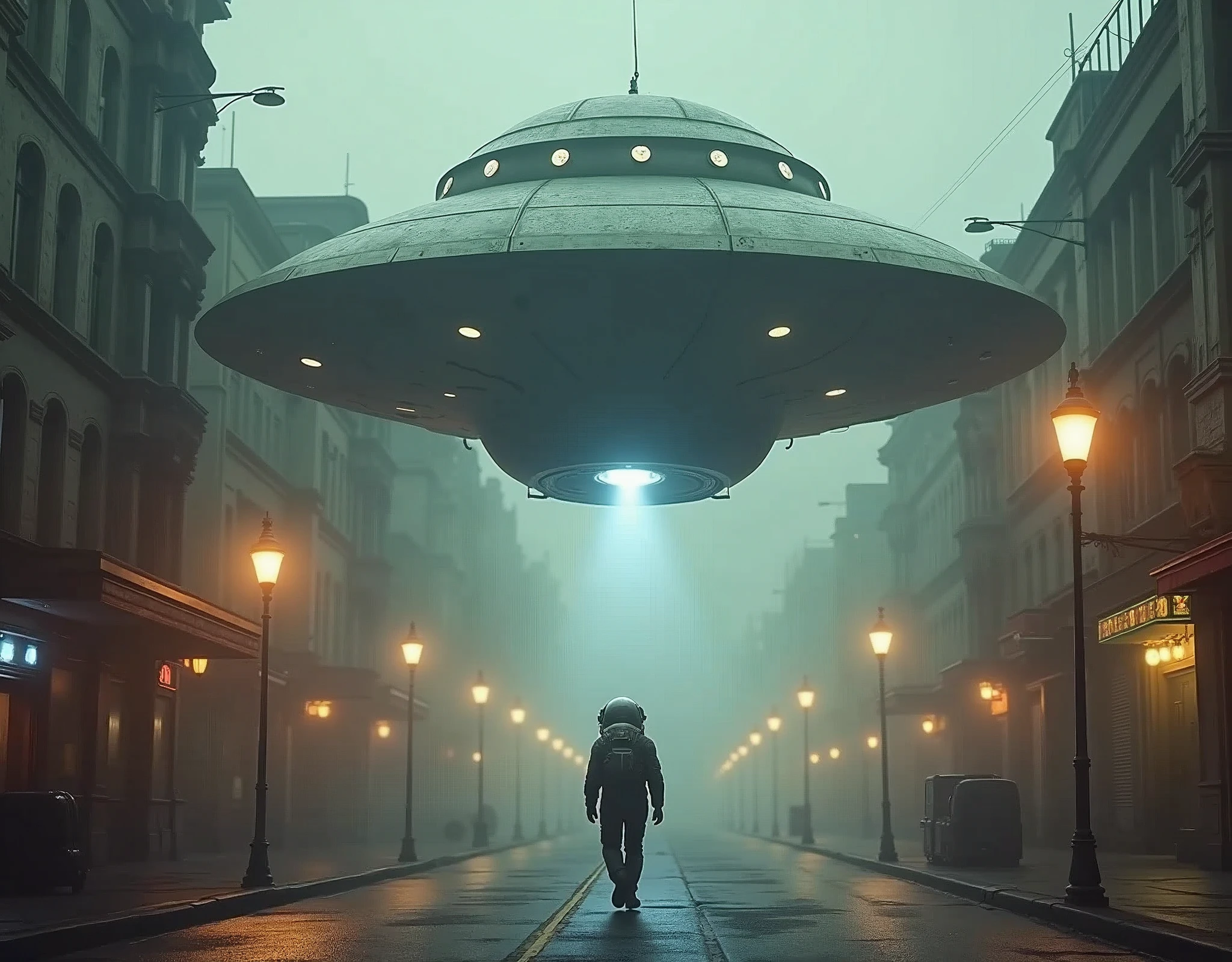 In the image, there is a futuristic setting with a large alien spaceship hovering above a city street. The ship has a prominent dome-like structure with circular windows and an open hatch, suggesting a place where one might enter or exit. The street below is dimly lit, with old-fashioned street lamps casting a warm glow on the surroundings. The architecture of the buildings has a vintage look, indicative of a past era, contrasting with the advanced technology of the spaceship. The sky is hazy, adding to the atmosphere of the scene. A person wearing a space suit is walking towards the spaceship, indicating a narrative of exploration or adventure.