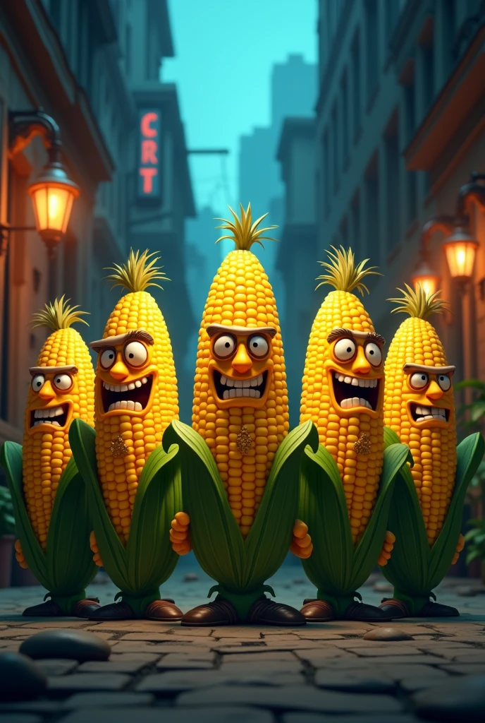 Animated group of corns that are mobsters