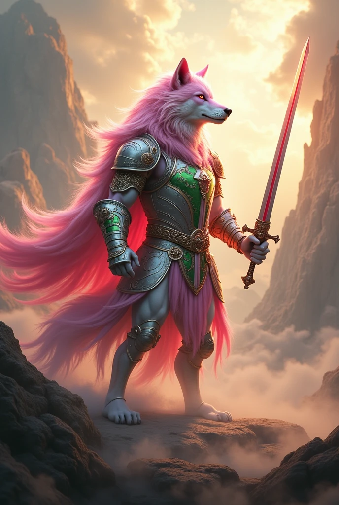 (photorealism:1.2), A pink and white wolf wearing a Heineken beer armor with a medieval sword in the battle of the gods