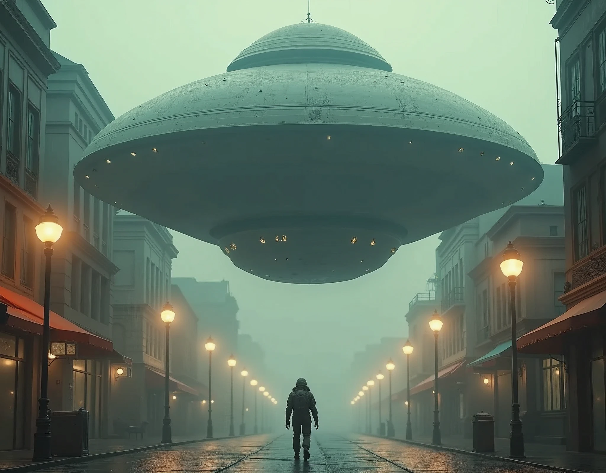In the image, there is a futuristic setting with a large alien spaceship hovering above a city street. The ship has a prominent dome-like structure with circular windows and an open hatch, suggesting a place where one might enter or exit. The street below is dimly lit, with old-fashioned street lamps casting a warm glow on the surroundings. The architecture of the buildings has a vintage look, indicative of a past era, contrasting with the advanced technology of the spaceship. The sky is hazy, adding to the atmosphere of the scene. A person wearing a space suit is walking towards the spaceship, indicating a narrative of exploration or adventure.