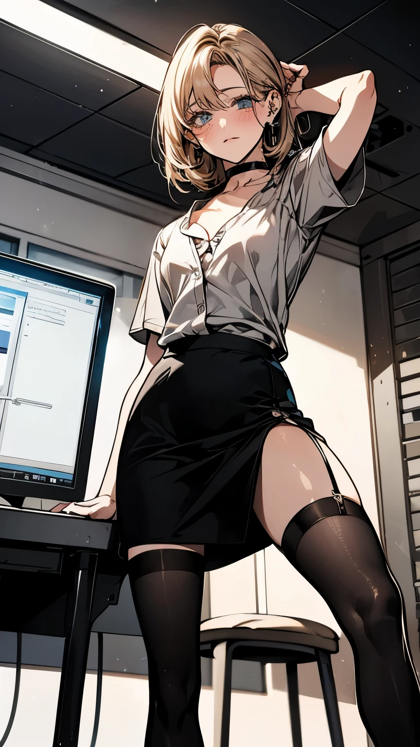 {{beautiful eyes:1.2}},Deep slit,Dynamic composition,full body,from below,(Realistic, photo Realistic), {{masterpiece}}, {{{best quality}}},{{ultra-detailed}}, {{illustration}},female scientist,{{arm up}},hand in own hair,arm pit,{{Her hair is brushed back and the sides of her short-sleeved blouse are glimpsed through her short-sleeved blouse.:1.8}}.{{Pencil skirts Long skirts Deep slits:1.4}},long skirt with deep slit,Black pantyhose,white blouse,Short sleeve blouse ,clavicle ,Black choker , computer Room,Computer desk