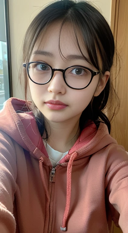 ((Highest quality、8k、masterpiece:1.2))、Ultra-high resolution、Very detailed、close-up of a person wearing glasses and a red hoodie., Adorable Korean Face, Ulzzang, 薄くて大きな丸いWear glassesいる, Young and adorable Japanese face, Wear glasses, 小さな丸いWear glassesいる, with cute - lovely - face, cute - lovely - face, Cute Face, 丸くてCute Face, Round face, Selfie、ponytail