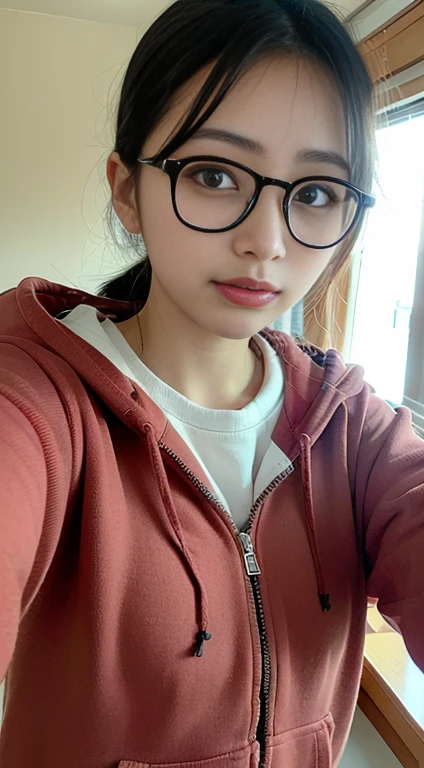 ((Highest quality、8k、masterpiece:1.2))、Ultra-high resolution、Very detailed、close-up of a person wearing glasses and a red hoodie., Adorable Korean Face, Ulzzang, 薄くて大きな丸いWear glassesいる, Young and adorable Japanese face, Wear glasses, 小さな丸いWear glassesいる, with cute - lovely - face, cute - lovely - face, Cute Face, 丸くてCute Face, Round face, Selfie、ponytail