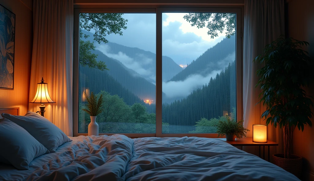 (masterpiece, bestquality),Bedroom with valley view,Outside the window,It's raining,Fog,Comfy bed.,forests,warm,Evening lighting