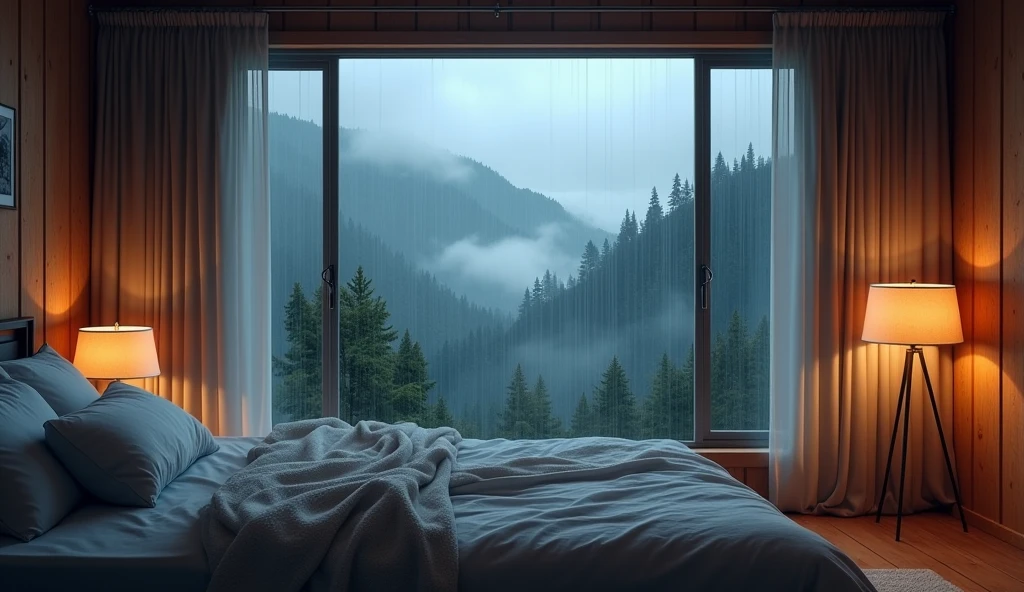 (masterpiece, bestquality),Bedroom with valley view,Outside the window,It's raining,Fog,Comfy bed.,forests,warm,Evening lighting