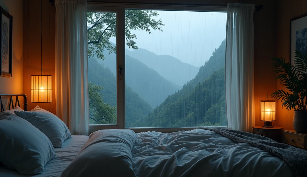 (masterpiece, bestquality),Bedroom with valley view,Outside the window,It's raining,Fog,Comfy bed.,forests,warm,Evening lighting