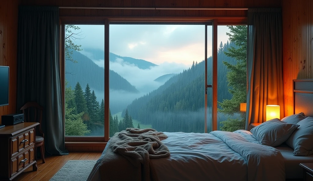 (masterpiece, bestquality),Bedroom with valley view,Outside the window,It's raining,Fog,Comfy bed.,forests,warm,Evening lighting