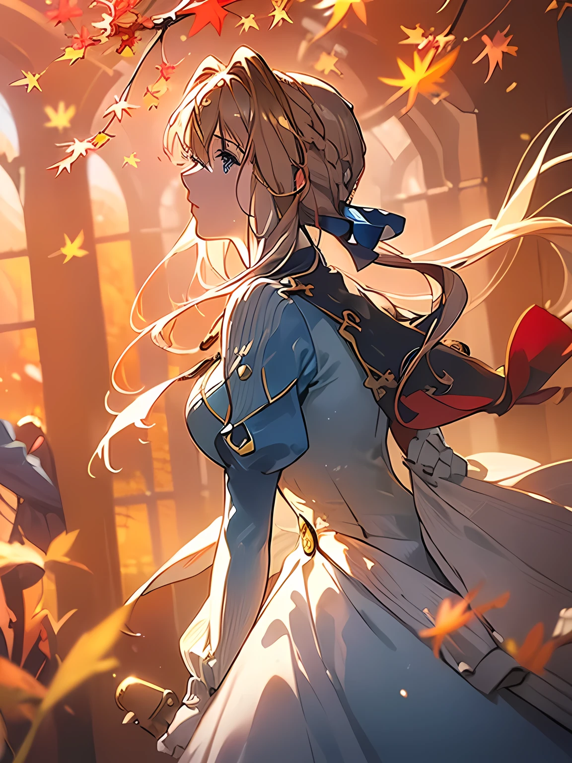 (((Very beautiful autumn scenery:1.3))), (Super detailed face, Highly detailed, Violet Evergarden:1.3), Highly detailed face, Blonde hair, Blue eyes, hair between eye, full body, bow ribbon, Red Ribbon, braid, Hair Ribbon, Highly detailed Blue jacket, Long skirt, Jewelry, Bangs, brooches, anime realism style, Anime coloring, White Ascot, autumn leaves, Falling leaves, Withered leaves floating, tree, (light particles:1.2, Sparkling landscape), extremely details CG, (Perfect Anatomy), Perfect beautiful composition, ((masterpiece, best quality, HDR, high resolution))
