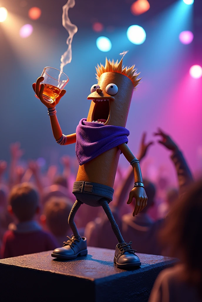 a cigarette with legs, arms and face and that he is at a concert playing rock and roll and he is screaming and wearing a purple bandana while drinking whiskey