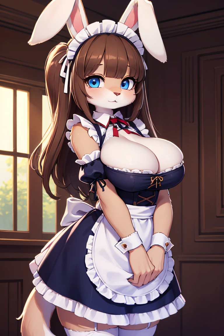 (masterpiece), best quality, 1girl, huge breasts, cleavage, (white fur:1.2), furry girl, rabbit girl, (light brown hair:1.2), long hair, twin side up, blunt bangs, full bangs, rabbit ears, blue eyes, animal_ears, (maid outfit:1.2), sleeveless, looking at viewer, standing, indoors,
