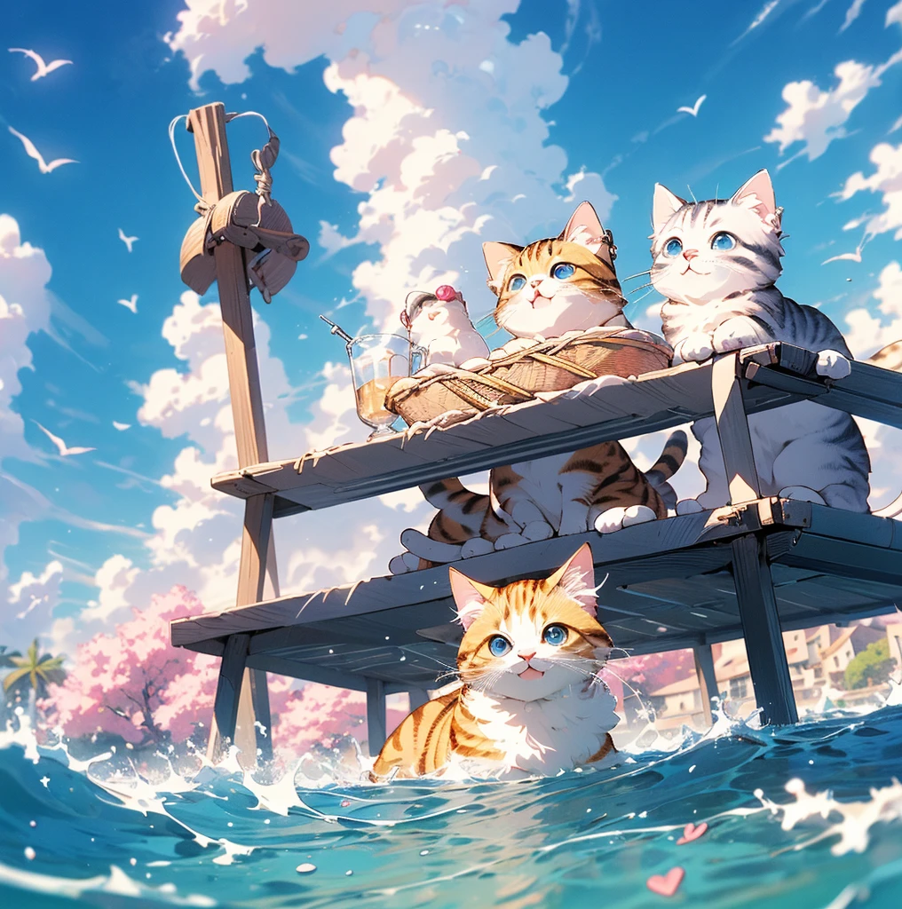 absurderes, ultra-detailliert,bright colour,(8K:1.5),masuter piece,Hearts fly,Bright scenery、For that, blue open sky,(Deep Blue Eyes:1.4) Valley、Pink skin、Summer morning、(Cat's Paradise),