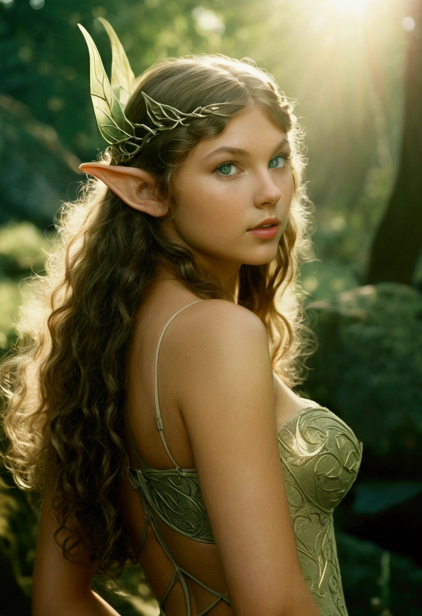 analog film photo, photo of a young elven girl, 18 years old, elf ears, jade eyes, dark, long messy waves, sun-tanned complexion, olive skintone, Amazonian stature, voluptuous hourglass figure, busty bosom, narrow waist, full hips, big plump buttocks, wearing elven undergarments, resembles Taylorr Swift, strolling through a sunny fantasy landscape, RAW Photograph, dslr, soft lighting, high quality, film grain, Fujifilm XT3, detailed skin with visible pores, insane details, masterpiece, 8k, 35mm photograph, dslr, kodachrome, faded film, desaturated, grainy, vintage, Lomography, stained, highly detailed, found footage, close-up shot, elven ears