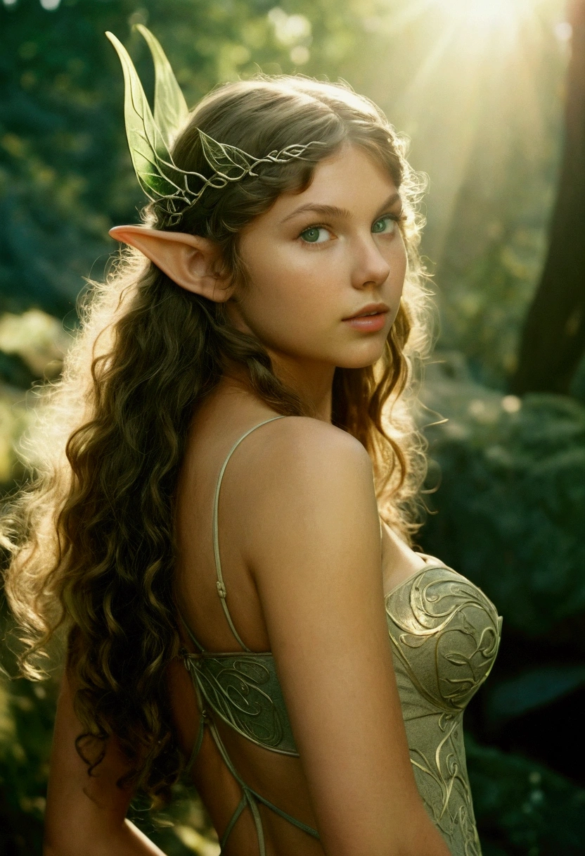 analog film photo, photo of a young elven girl, 18 years old, elf ears, jade eyes, dark, long messy waves, sun-tanned complexion, olive skintone, Amazonian stature, voluptuous hourglass figure, busty bosom, narrow waist, full hips, big plump buttocks, wearing elven undergarments, resembles Taylorr Swift, strolling through a sunny fantasy landscape, RAW Photograph, dslr, soft lighting, high quality, film grain, Fujifilm XT3, detailed skin with visible pores, insane details, masterpiece, 8k, 35mm photograph, dslr, kodachrome, faded film, desaturated, grainy, vintage, Lomography, stained, highly detailed, found footage, close-up shot, elven ears
