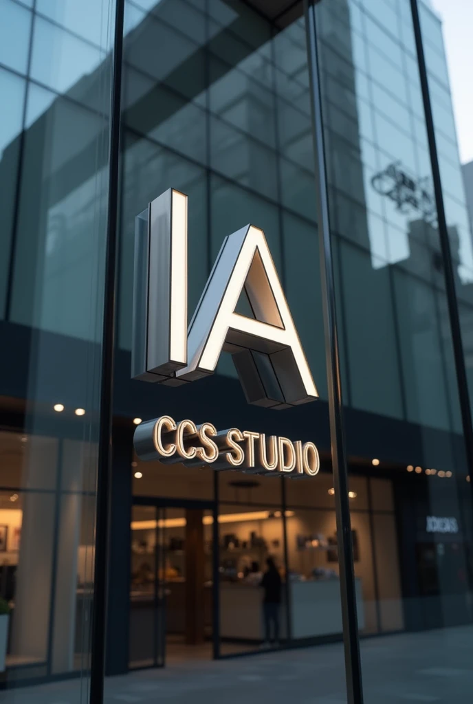 A sleek, modern sign reading "IA CCS STUDIO" outside a glass office building, reminiscent of an Apple store, showcases a minimalist design. The sign features clean lines and a sleek font, embodying a contemporary aesthetic. The image captures the essence of sophistication and innovation, with its polished finish and attention to detail. Each letter is perfectly aligned and spaced, exuding a sense of precision and elegance. The overall composition conveys a sense of professionalism and creativity, hinting at the cutting-edge work happening within the studio.