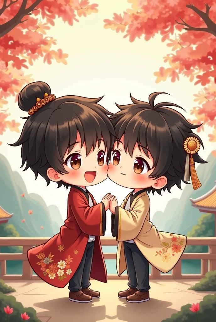 Create a drawing of two male characters in a chibi style, depicting them as a couple. The coloring should resemble the style of Japanese anime artists commonly found on social media. The background must be detailed and harmonious with the characters, while the chibi characters' outfits should be carefully designed with attention to detail. The art style should lean towards the techniques and aesthetics of Chinese artists.