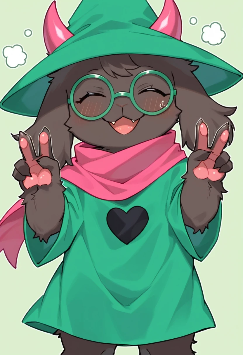 {{Artist: %kame_(kamepan44231), score_8_up),furry, fur, face, Ralsei(deltarune), goat, dark fur, pink horns but green because covered by the hat, black sleeves, cute, green glasses, green hat, green shirt, standing, arms up with his hands doing the peace sign,pink scarf,closed eyes, happy, smug face {{{kame (kamepan44231), no humans, chibi, jitome, fumo (doll)}}}, portrait. 1furry, solo