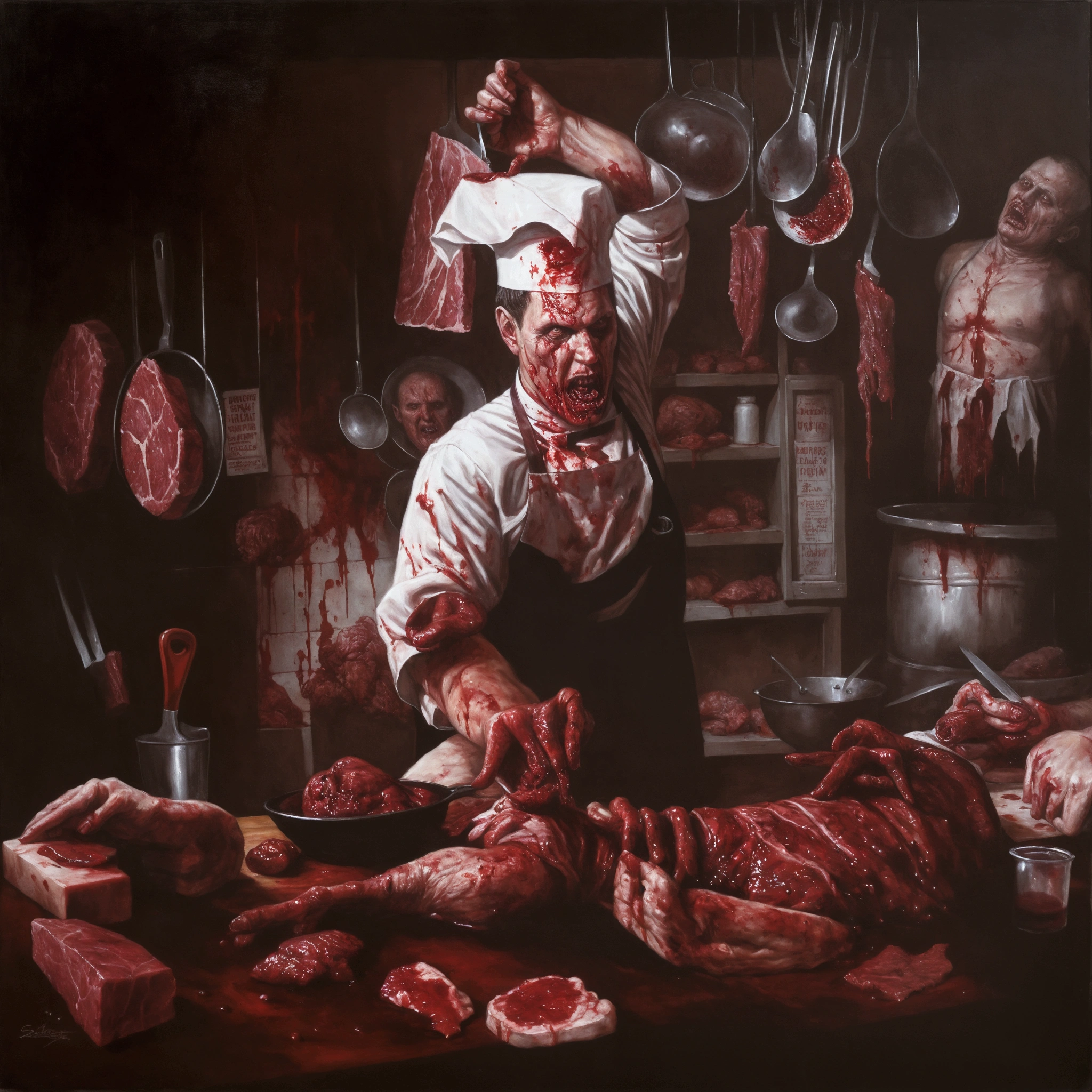 butcher painting with a lot of meat on the table, gore, severed human head, flesh and blood stained glass, butcher, horror painting, bloody, in a butcher shop, horror fantasy art, horror art, (((horror art))), scary art, horror artwork, in a bloodstained apron, horror surreal art, horror concept art, sebastian kruger