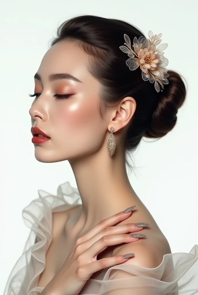 (photorealism:1.2), art woman, face with closed eyes, Strong art makeup for the face, fancy small flower art hair, relaxed pose, realistic, intricate details, long nail art, advertisement, white background