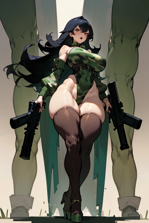 thick hips, thick thighs, platform heels, naked, vagina, huge breast, thin waist, ponytails hair, weapon, tanned skin, gun, angry look, scream, thick body, military camouflage, spread legs,