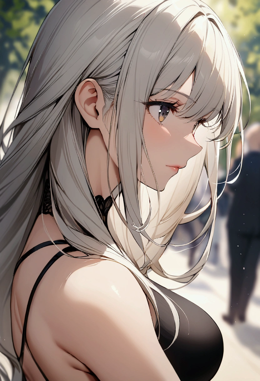 slender, mature female,1girl, long_hair, white_hair, blurry, close-up, bare_shoulders, blonde_hair, standing,  breasts, depth_of_field, grey_hair, from_side