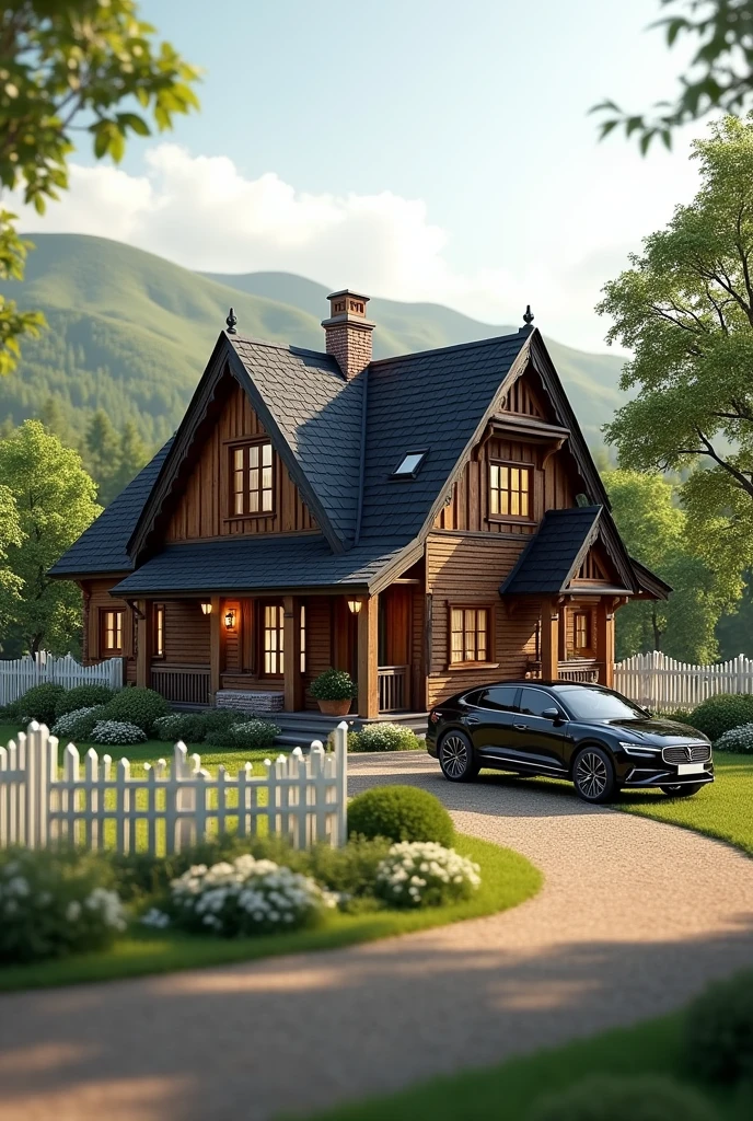 Brown cottage with black roof, with white fence perimeter, and parking for two black cars