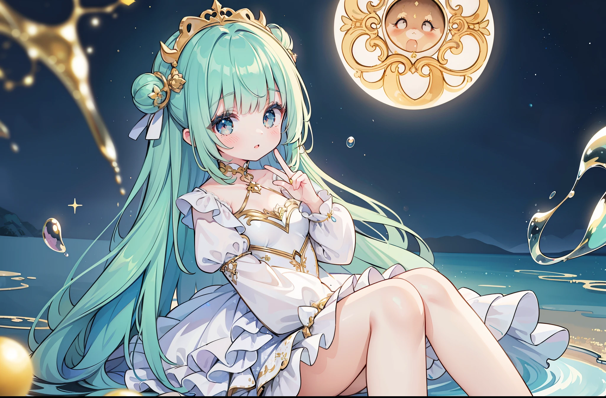 masterpiece, best quality, 8k resolution, sharp focus, intricate detail, beautiful girl, sparkling eyes, golden ratio face, otherworldly liquid, watercolor, bright colors, whimsical, colorful, sharp focus, high resolution, fine detail, ((layered tiered puffy long sleeves ballgown)), ((round eyes)), iridescent bubbles, fantasia background