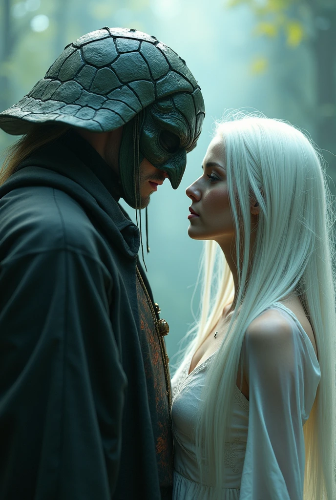 A man with a turtle mask and a woman with white hair looking into each other's eyes