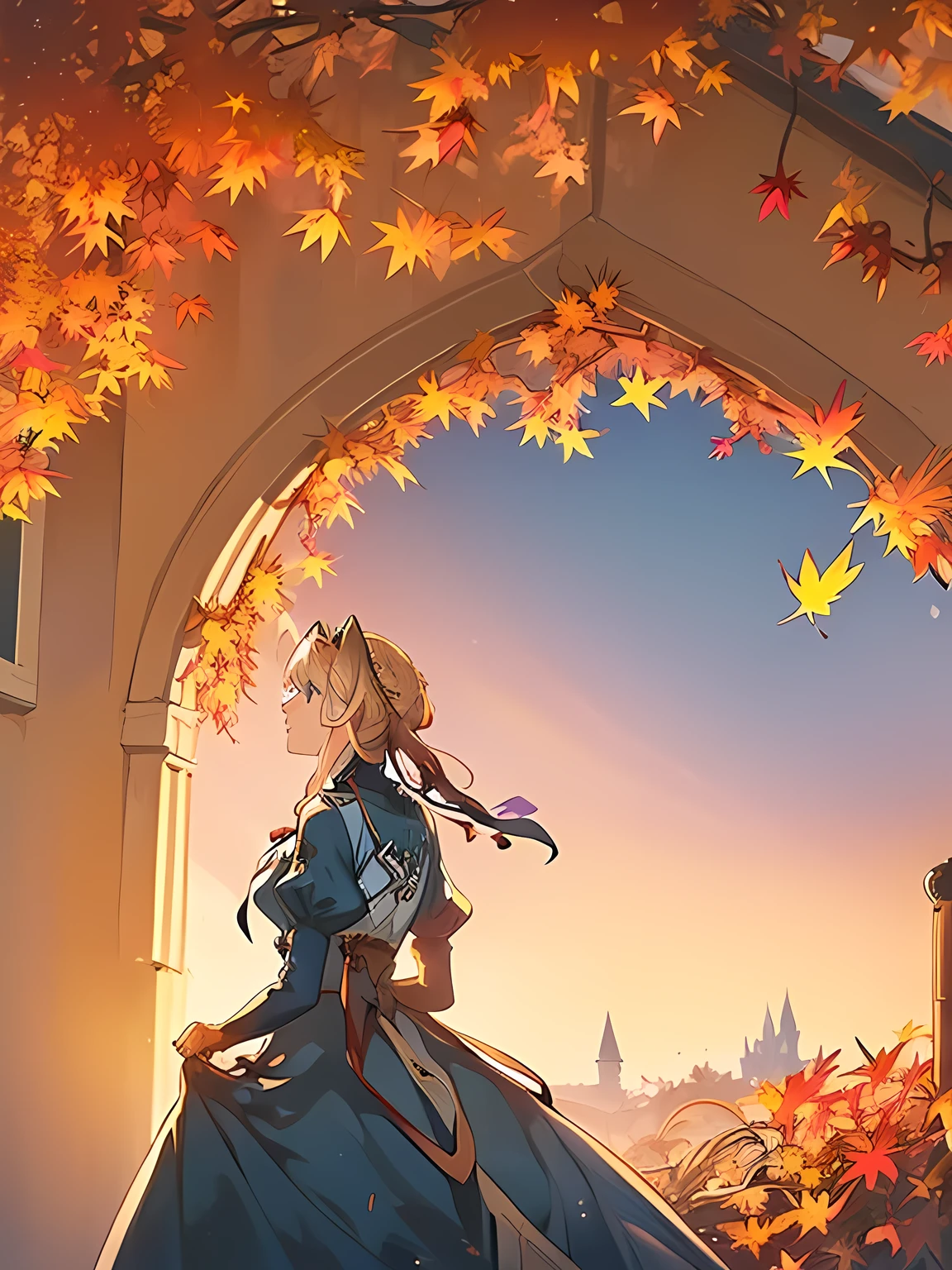 (((Very beautiful autumn scenery:1.3))), (Super detailed face, Highly detailed, Violet Evergarden:1.3), Highly detailed face, Blonde hair, Blue eyes, hair between eye, full body, bow ribbon, Red Ribbon, braid, Hair Ribbon, Highly detailed Blue jacket, Long skirt, Jewelry, Bangs, brooches, anime realism style, Anime coloring, White Ascot, autumn leaves, Falling leaves, Withered leaves floating, tree, light leaks, (light particles:1.2, Sparkling landscape), extremely details CG, (Perfect Anatomy), Perfect beautiful composition, ((masterpiece, best quality, HDR, high resolution))