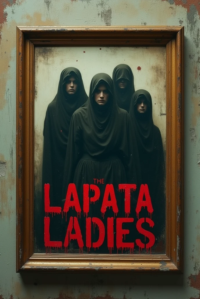 A dusty frame with "LAPATA LADIES "written on the bottom of the frame in
 bloody letters