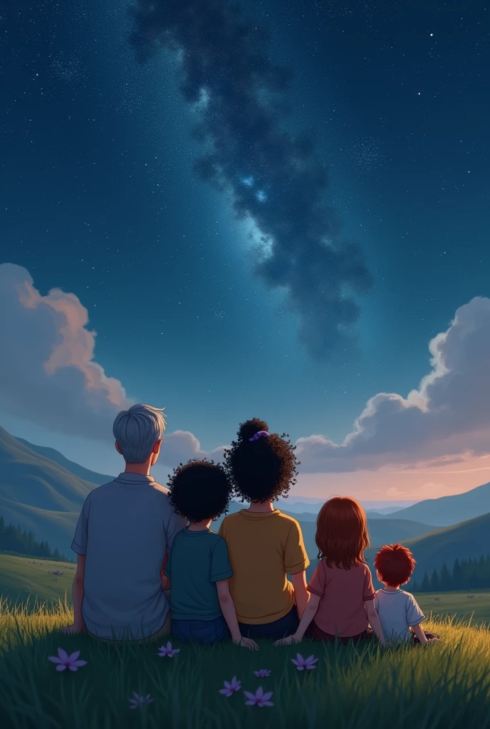 Create a realistic image of a family, They are sitting admiring the starry sky. This family has a white father with gray hair. The brunette mother with black curly hair tied up. A white daughter with loose curly hair. A dark-haired son with black hair and the other daughter with short red hair and white skin.. They have smiles on their faces