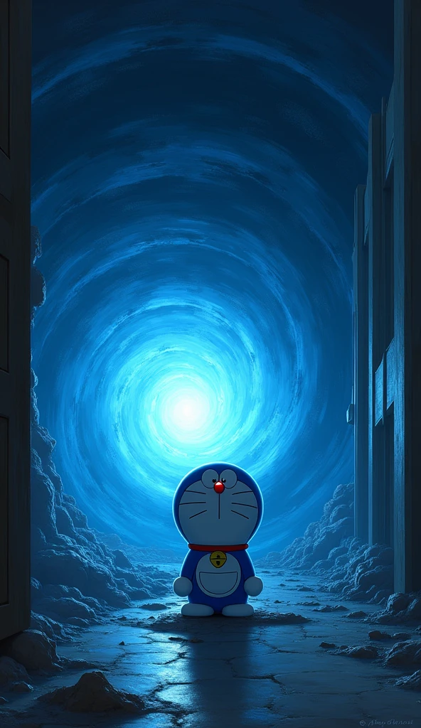 Doraemon is sitting in the room ,there is a blue black hole next to him sucking him in 