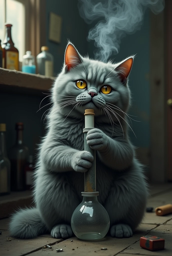 gray cat smoking crack from a bong