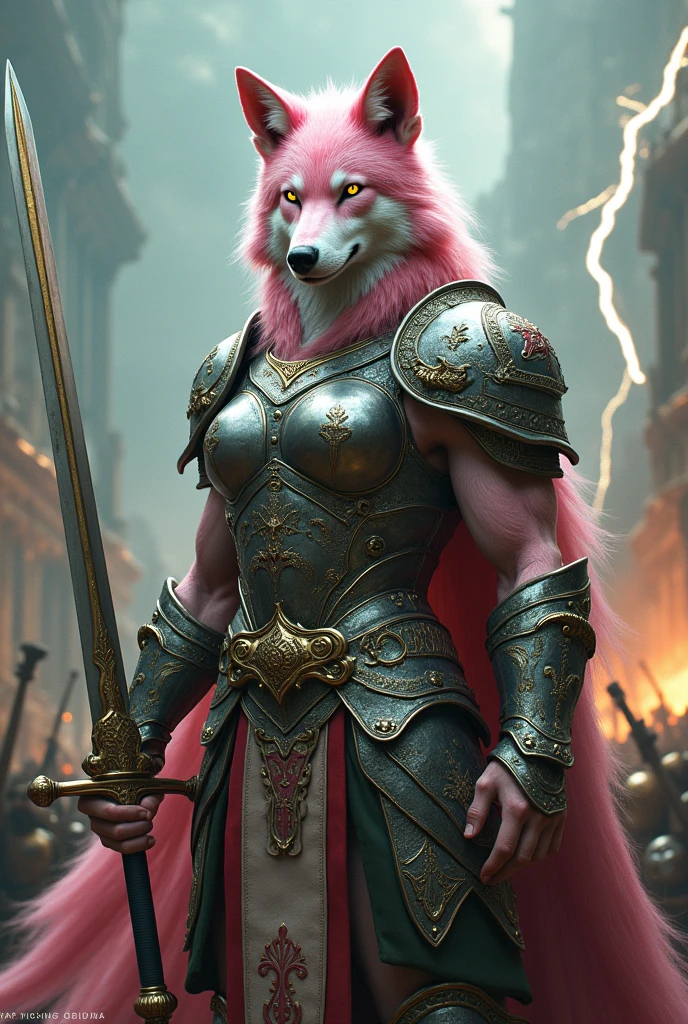 (photorealism:1.2), A full-body pink and white she-wolf wearing armor with feminine Heineken beer breasts wielding a medieval sword in the battle of the Olympian gods, Zeus.