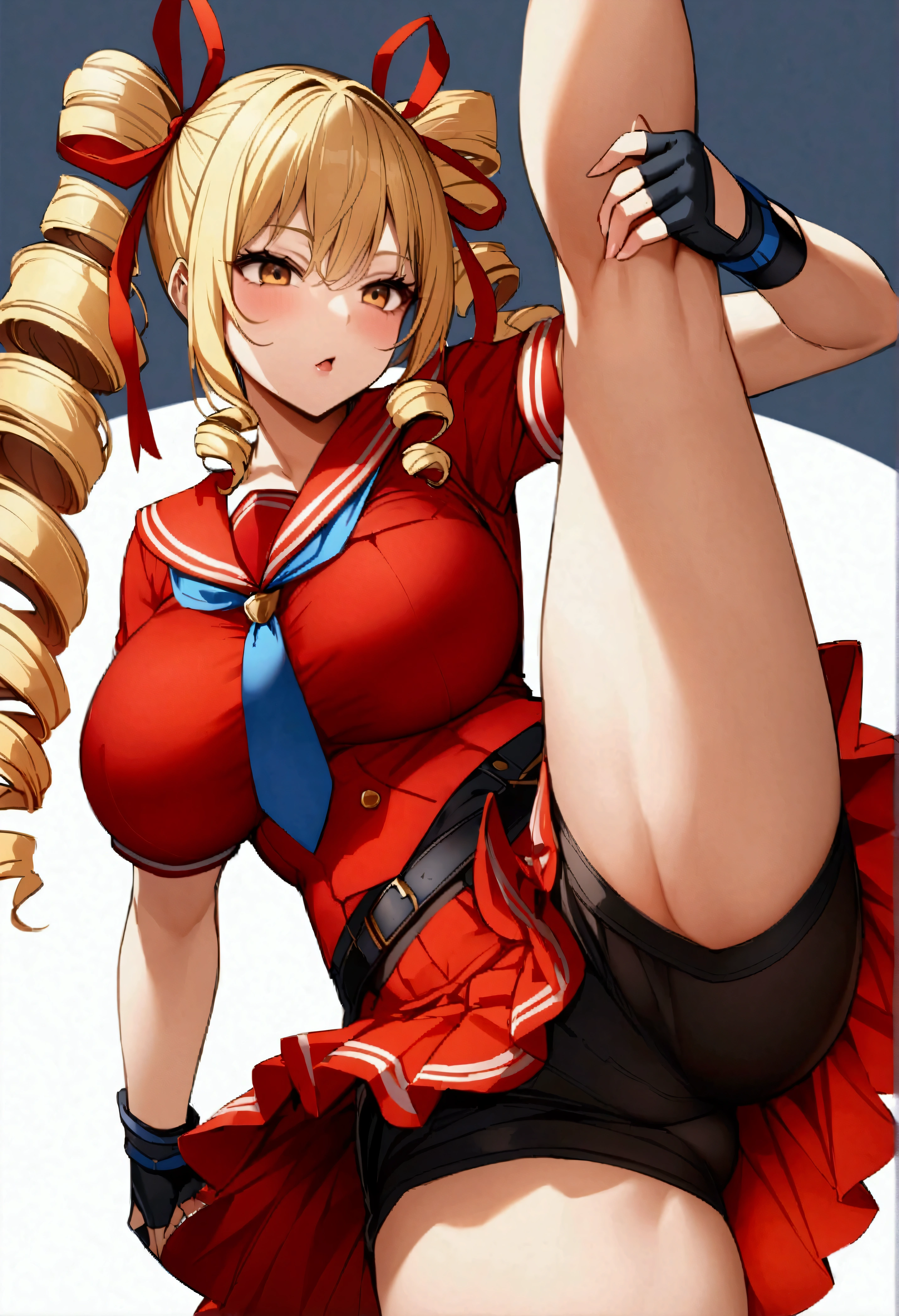 sfkarin、Blonde Hair、Drill Hair、Hair Ribbon、Big Breasts、Red Sailor Collar、Short sleeve、Red Shirt、Leg lift、soft、ふくらんだShort sleeve、Blue tie、abdomen、Red Skirt、Shorts under the skirt、Fingerless gloves