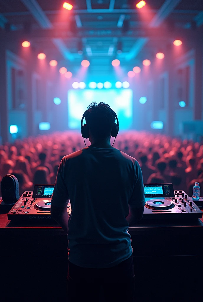 dj room background side view facing thw camera qith realistic views and lights facing audience in a concert table side looking 45 degrees infront of the table set up
