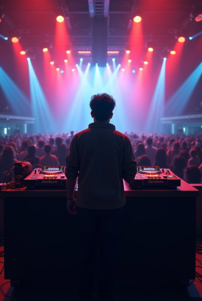 dj room background side view facing thw camera qith realistic views and lights facing audience in a concert table side looking 45 degrees infront of the table set up