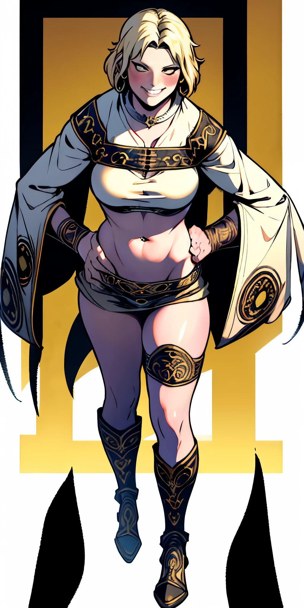 Two long thighs, yellow eyes, blonde hair, short hair, large breasts, detached sleeves, very white background, royal tiara, long cape, yellow tiger bikini, high heels, hands on hips. red tattoo on belly navel, full body female MILF BIMBO, lustful smirking smile face (red blush), metal shoulders, golden bracers sleeveless, black choker sex slave
