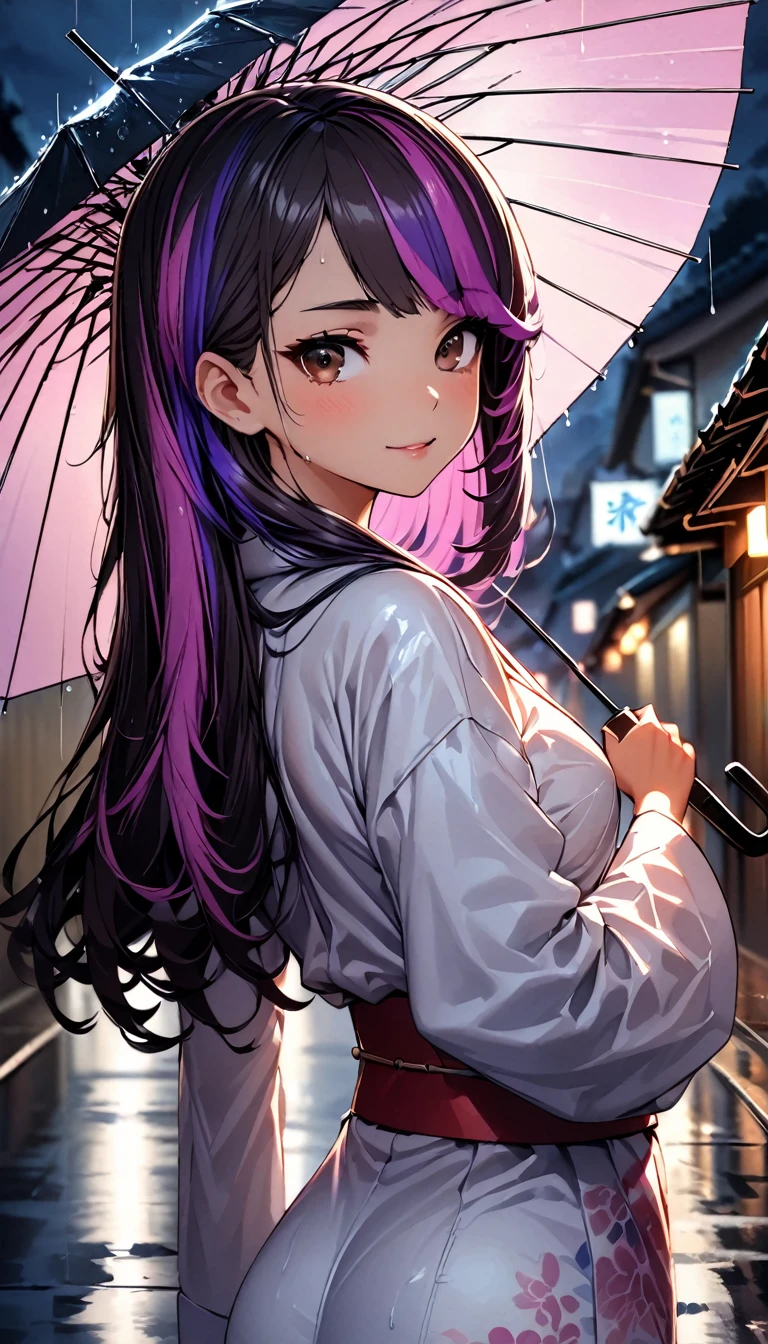 (highest quality:1.2, Very detailed, up to date, Vibrant, Ultra-high resolution, High Contrast, masterpiece:1.2, highest quality, Best aesthetics), Portraiture、girl、((25-years-old:1.5)), (holding up umbrella:1.6), traditional Japanese kimono, long sleeve, loose fit, Bright colors、Beautiful fine details、Beautiful lip detail, long hair、black and purple ((streaked hair:1.6)), highlights hair: 1.5, brown eyes, ((slim body:1.4)), (small breast:0.7), (dark skin:0.5), rainy day, rain night, street in Kyoto, wet street, looking back, (cowboy shot),