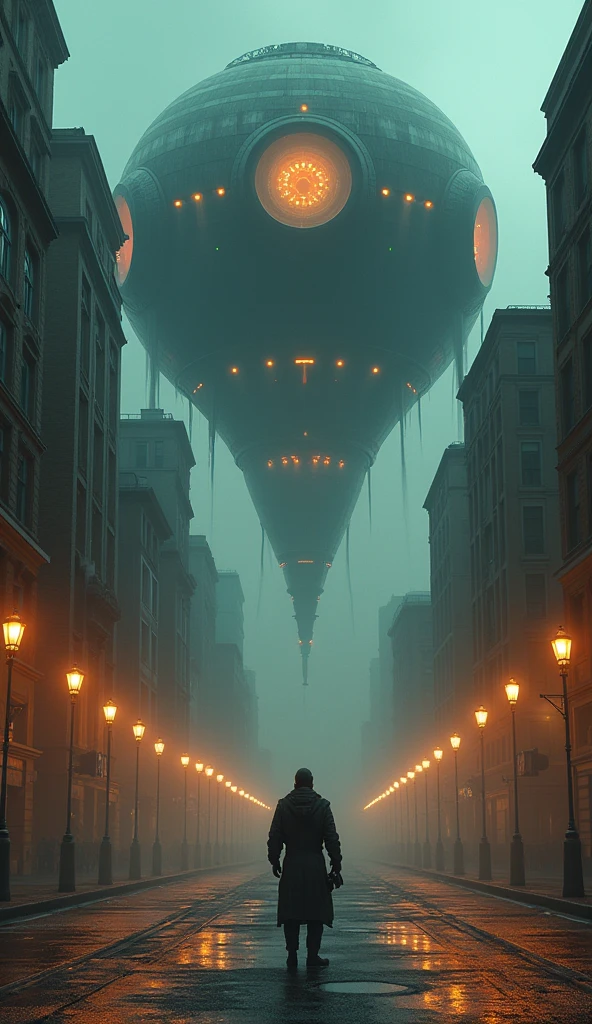 Futuristic cityscape at dusk: a massive alien spacecraft looms above the street, its dome-shaped entrance beckoning with circular windows and an open hatch. Warm glow from vintage-style street lamps illuminates the dimly lit street, contrasting with the sleek technology of the ship. Hazy sky adds mystery. A suited explorer approaches the spaceship, ready to embark on a journey through the unknown.