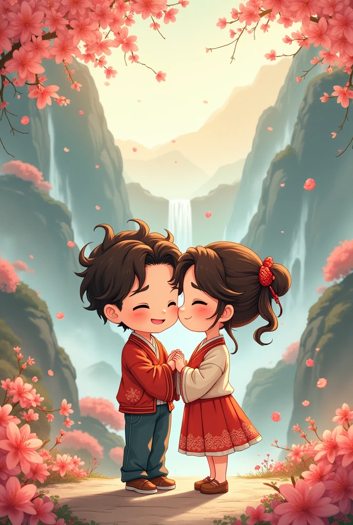 Create a drawing of two male characters in a chibi style, depicting them as a couple. The coloring should resemble the style of Japanese anime artists commonly found on social media. The background must be detailed and harmonious with the characters, while the chibi characters' outfits should be carefully designed with attention to detail. The art style should lean towards the techniques and aesthetics of Chinese artists.