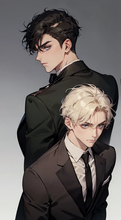 ((a young man in a black suit and tie)), taken in the early 2020s, gotham, alejandro, he looks very sophisticated, (((left side swept bang black short hair))), (dark green eyes and thick eyebrows), smirk. ((20 years old)), ((Black suite and black tie)), masterpiece, posture dynamic, one person,