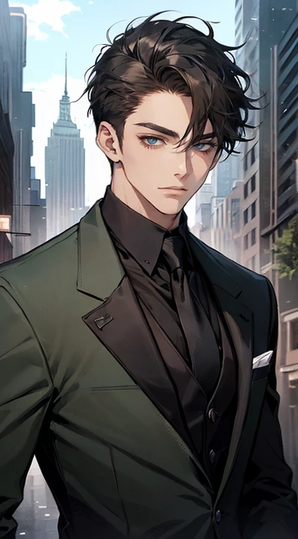 ((a young man in a black suit and tie)), taken in the early 2020s, gotham, alejandro, he looks very sophisticated, (((left side swept bang black short hair))), (dark green eyes and thick eyebrows), smirk. ((20 years old)), ((Black suite and black tie)), masterpiece, posture dynamic, one person,