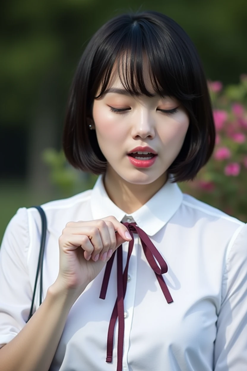 Highest quality,Japanese Idols, Short Bob Hair、bangs、Award-winning photo, Very detailed, Edge Orgasm, Face Focus, (Woman with open mouth and closed eyes ), Age 30、Black Hair、 News anchor、Glowing Skin,From below、Realistic nostrils、Browsing Caution,Shortcuts、Big Breasts、Vibrator prank in public, 公共の場でのBig Breasts女性, She leaned back., (She closed her eyes), she yawns, Hand holding a pink remote control outside the frame, She wants you to stop using vibrators